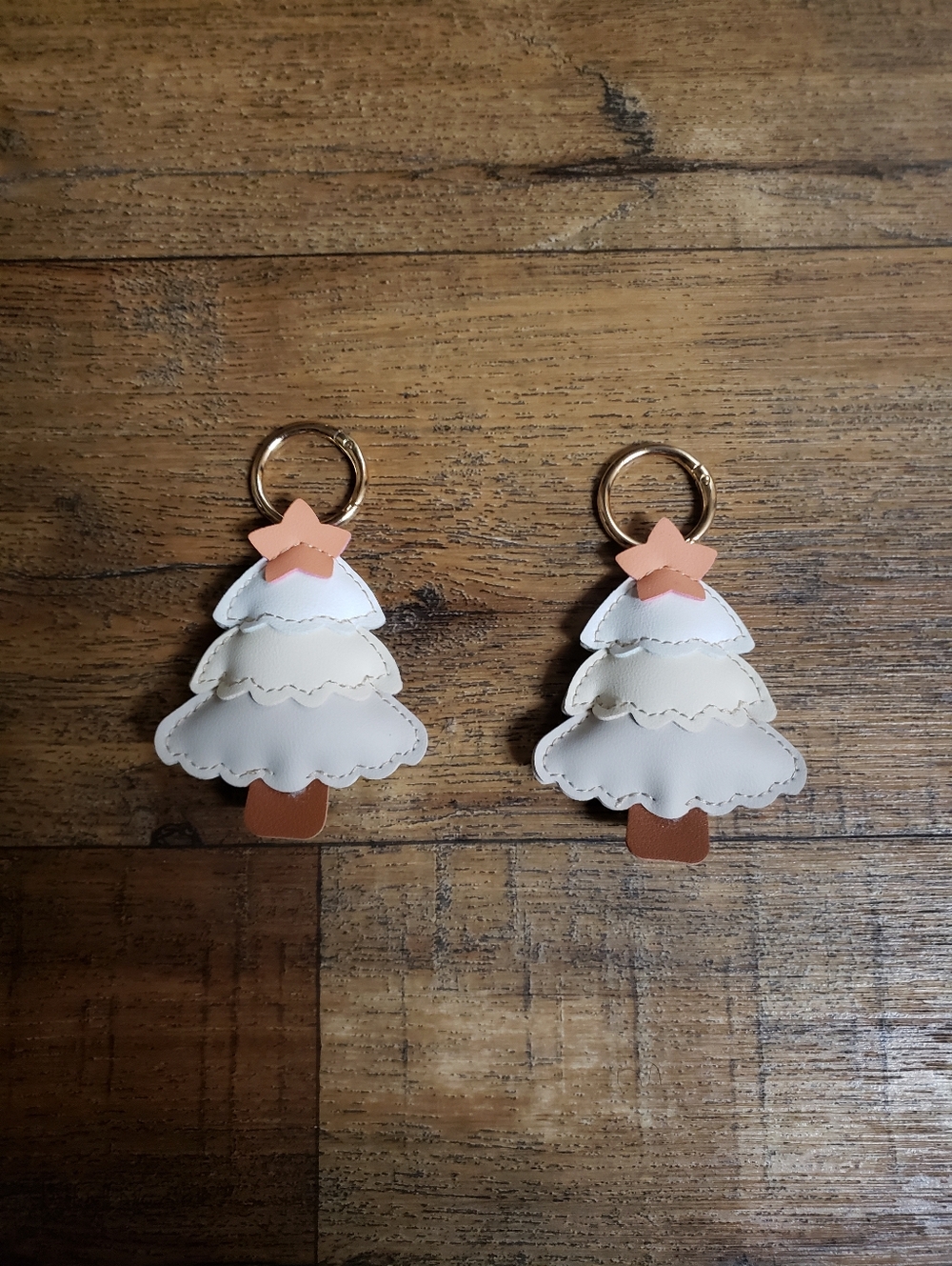 Pair of White & Tan Leather Christmas Tree Keychains